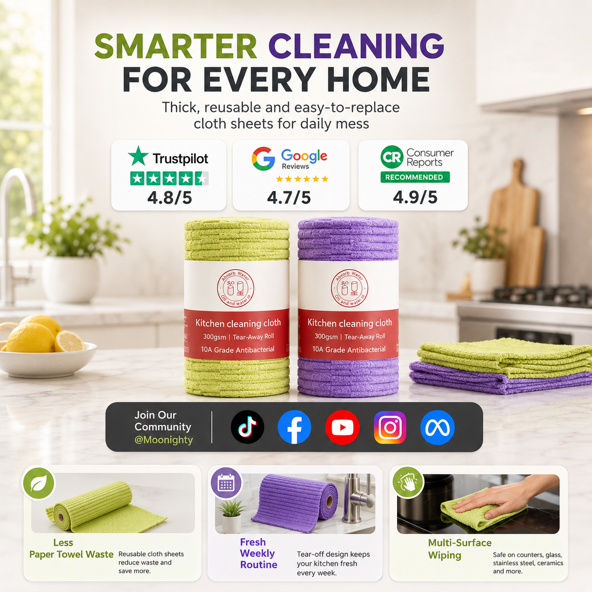 🍃 Bamboo Fiber Cleaning Cloth Roll – Thick Absorbent Tear-Off Kitchen Towels for Grease, Spills & Everyday Cleaning