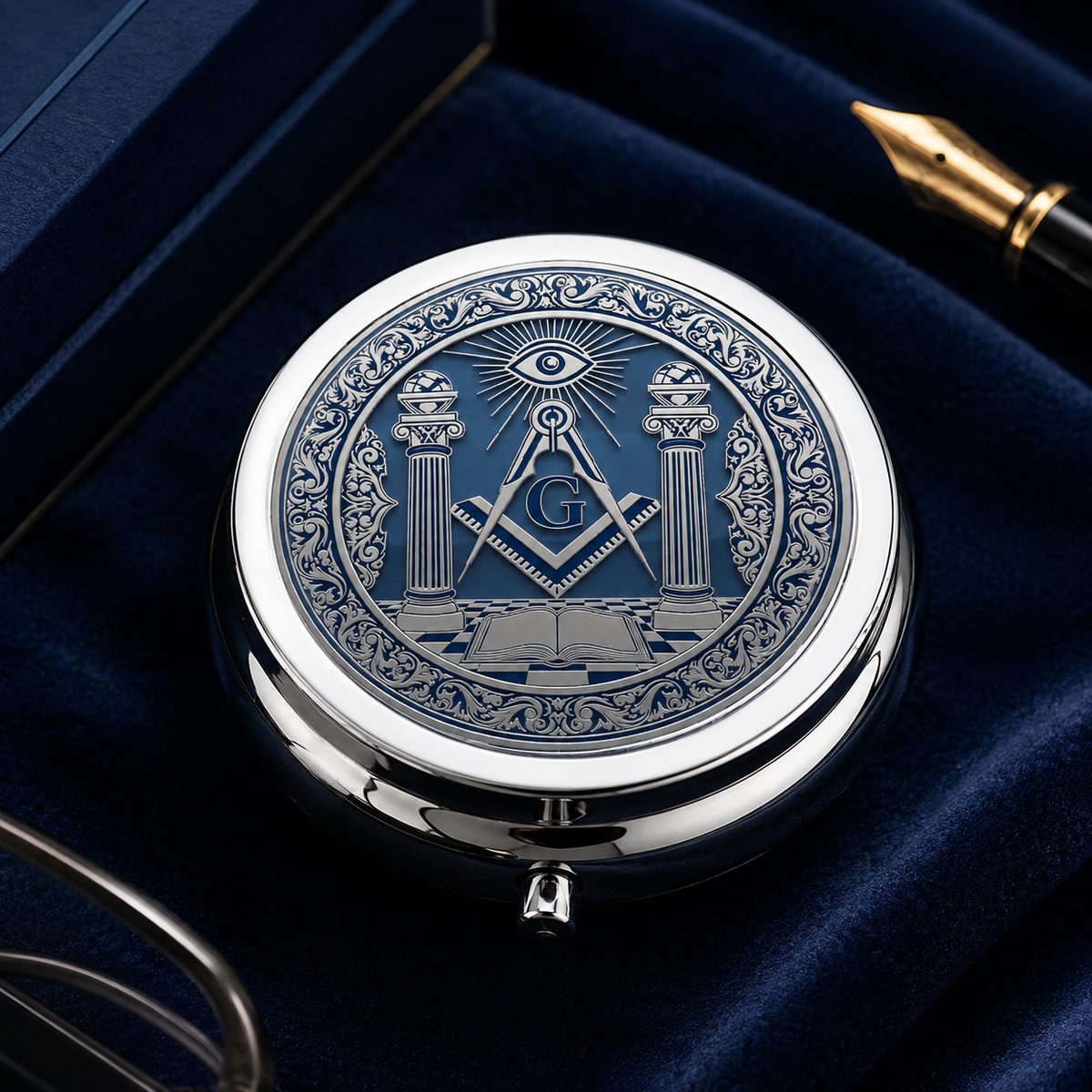 Masonic Pocket Pill Box - Freemason Gifts For Men - Square & Compasses Keepsake Case