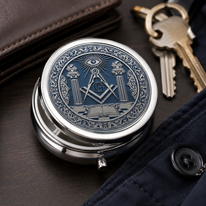 Masonic Pocket Pill Box - Freemason Gifts For Men - Square & Compasses Keepsake Case